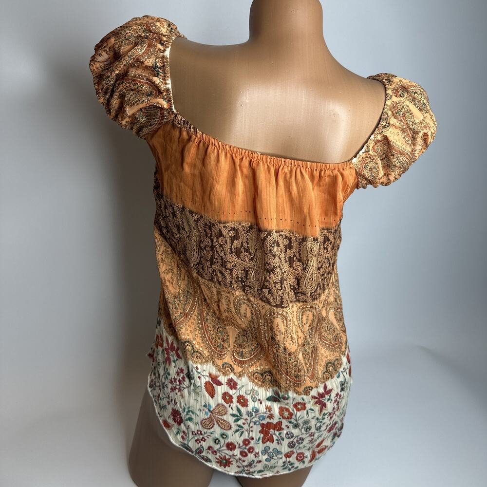 Vintage Boho Patchwork Size Small Top Puff Sleeve Floral Paisley Y2K Milkmaid - Picture 2 of 12
